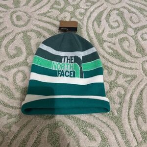 North Face retro logo beanie dark sage, teal, and white stripes; never worn